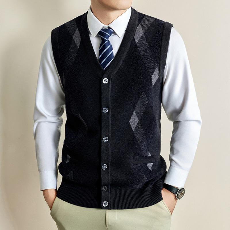 Vestă Tricotată pentru Bărbați Toamnă Iarnă Cardigan fără Mâneci pentru Vârstnici Model în Carouri