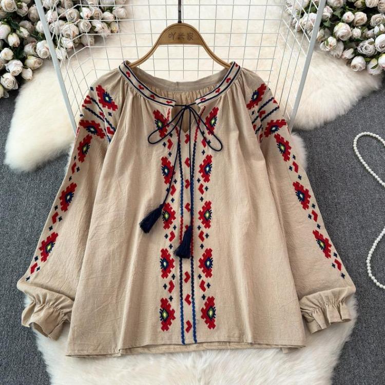 Summer Vintage Women Blouse Embroidered Puff Sleeve Color Block Ethnic Style Camisa Feminina Casual Tops