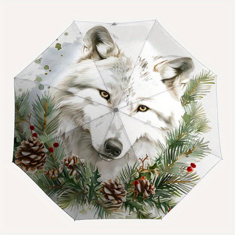 1 Stück Winterwolf-Kranz Automatischer Öffnungs-/Schließschirm,Kompakter Schirm für Männer & Frauen Tagesgeschenk.A091