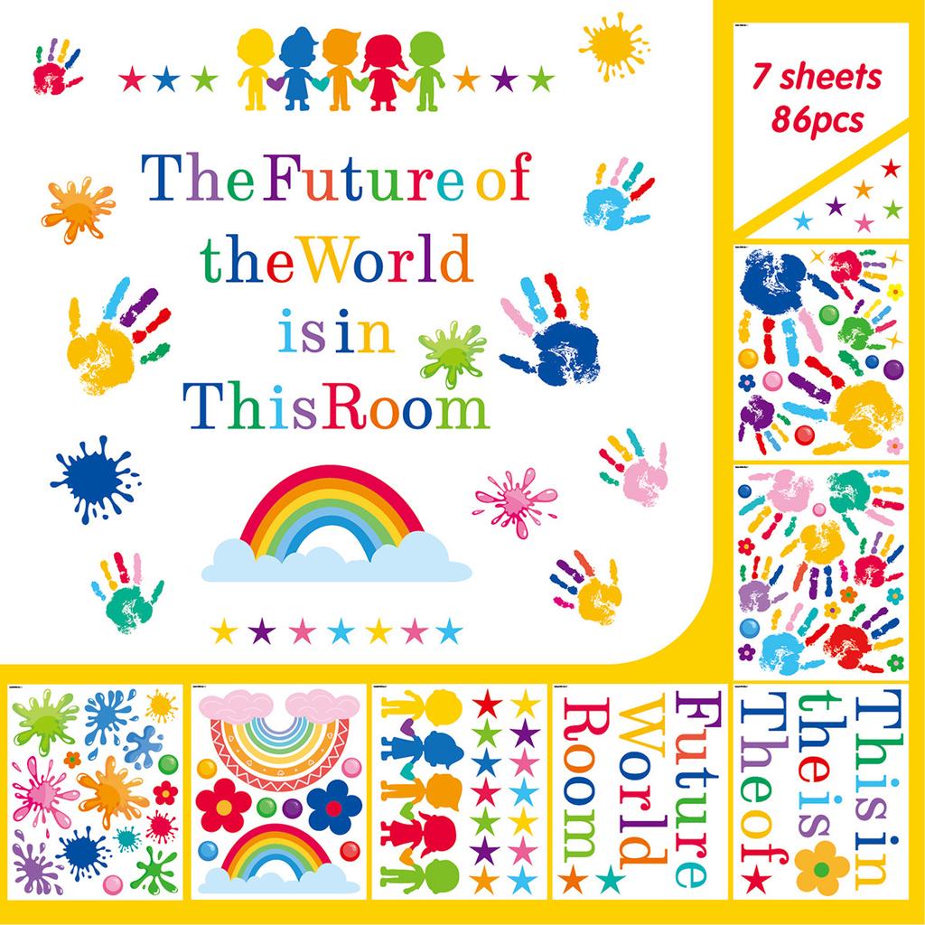 Colorful Handprint Wall Stickers Splash Water Rainbow Classroom Children's Room Starts School Season