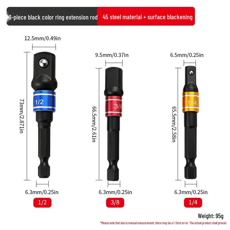Hex Shank To Square Socket Adapter Set: 1/4, 3/8, 1/2 Inch Extension for Air/Electric Wrenches