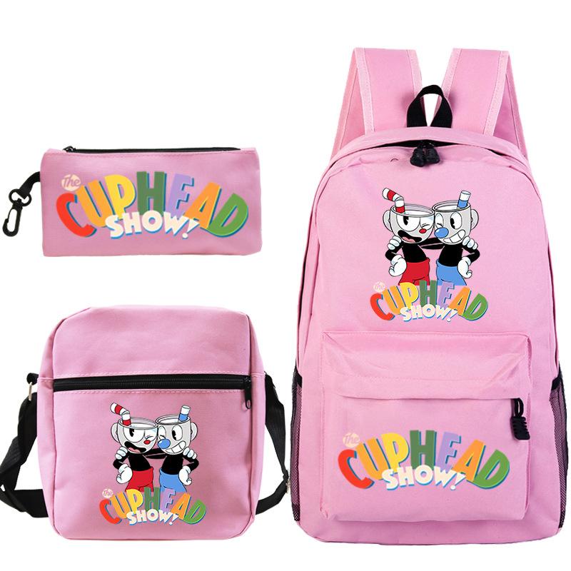 Cartoon Teacup Head Cuphead Student School Bag Backpack Three-piece Set Children's Shoulder Bag Pencil Bag
