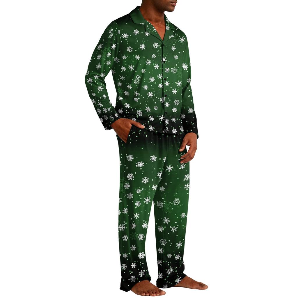 Men's Christmas Pajama Set with Button Down Shirt and Straight Leg Pants, Casual Print Sleepwear Two Piece Outfit, Festive Holiday Loungewear