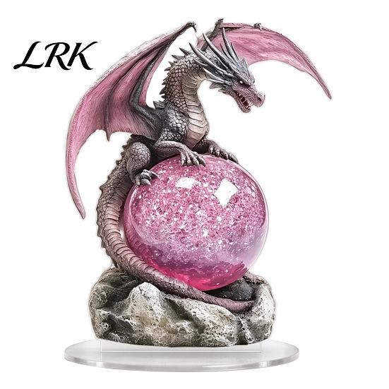 Decorative Figures for Bookshelves 2D Flat Acrylic Dragon Statue, Mystical with Pink Crystal Ball Handmade Fantasy Art Decor on Rock Base, Desktop