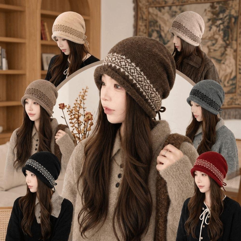 Vintage Women's Beanie Slouchy Fit Jacquard Knit Hat Durable Drawstring Knit Cap Daily Commute