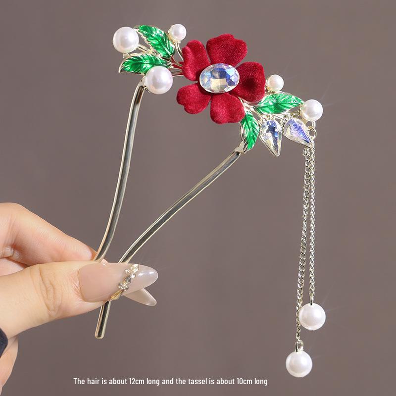 

Шпилька для волосся з червоною квіткою та китицею в китайському стилі для жінок