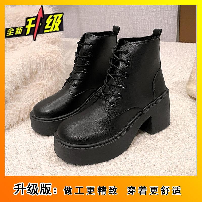 Lace-up Soft Leather Short Boots 2025 Autumn and Winter New Height Increase Small Man Shows Height Thick Heel Temperament Solid Color Thick-soled Mar