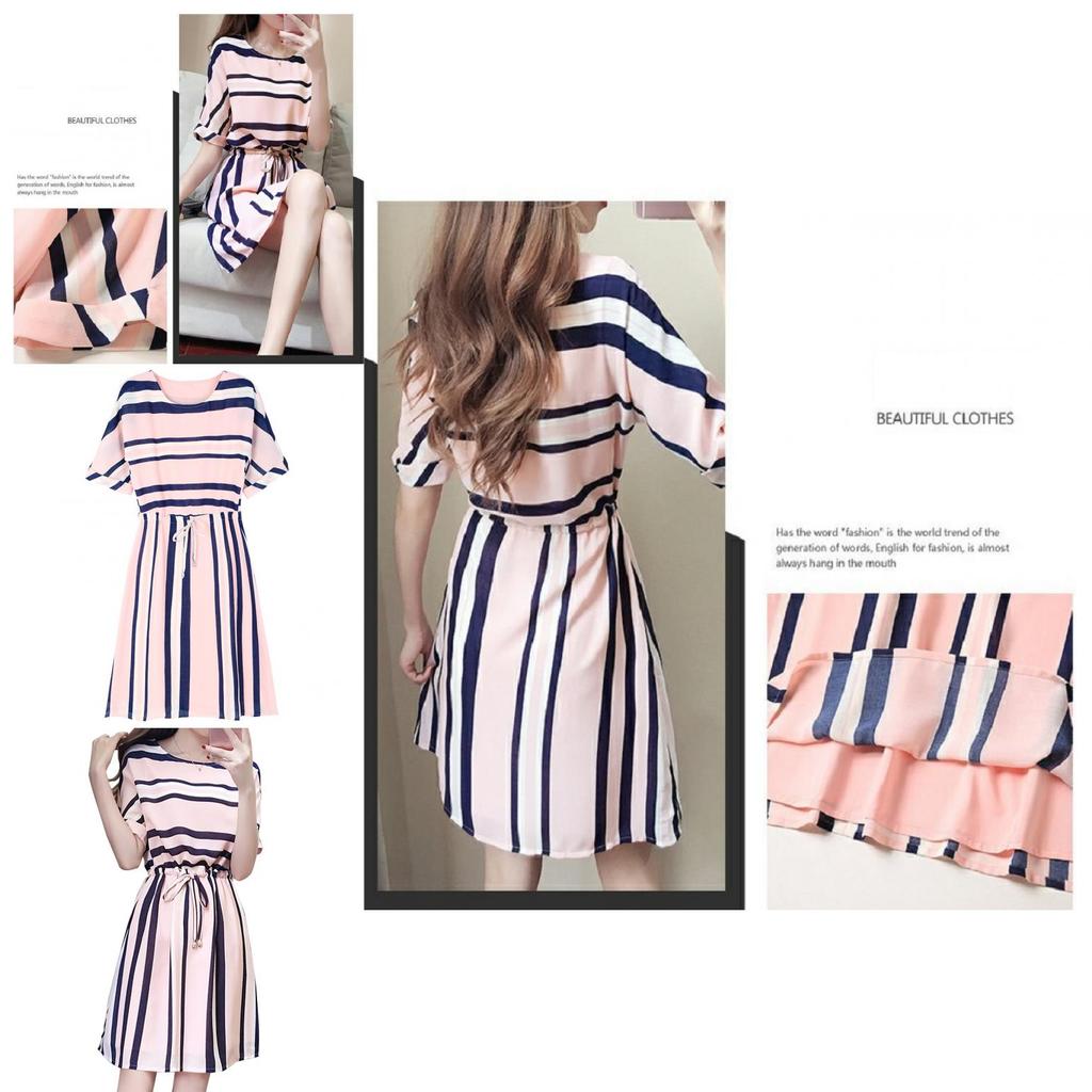 Elegant And Timeless Women Fashion Short Sleeve Casual Dress With Classic Stripes