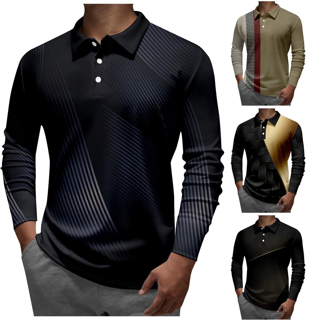 Men'S Lapel Long Sleeve Printed Casual Top Loose Sports Lapel Shirt
