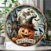 Spooky Halloween welcome sign, Round Wooden Hanging Plaque, vintage pumpkin castle wall decor, rustic autumn indoor outdoor holiday decoration