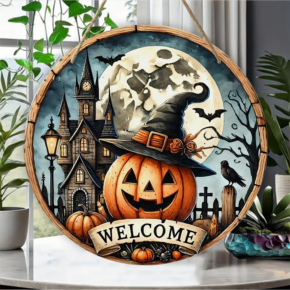 Spooky Halloween welcome sign, Round Wooden Hanging Plaque, vintage pumpkin castle wall decor, rustic autumn indoor outdoor holiday decoration