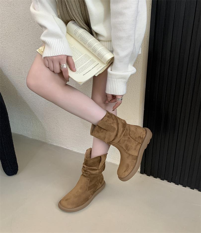 2025 autumn new retro versatile flat-bottomed western short boots lazy wind sleeve round head stacking boots
