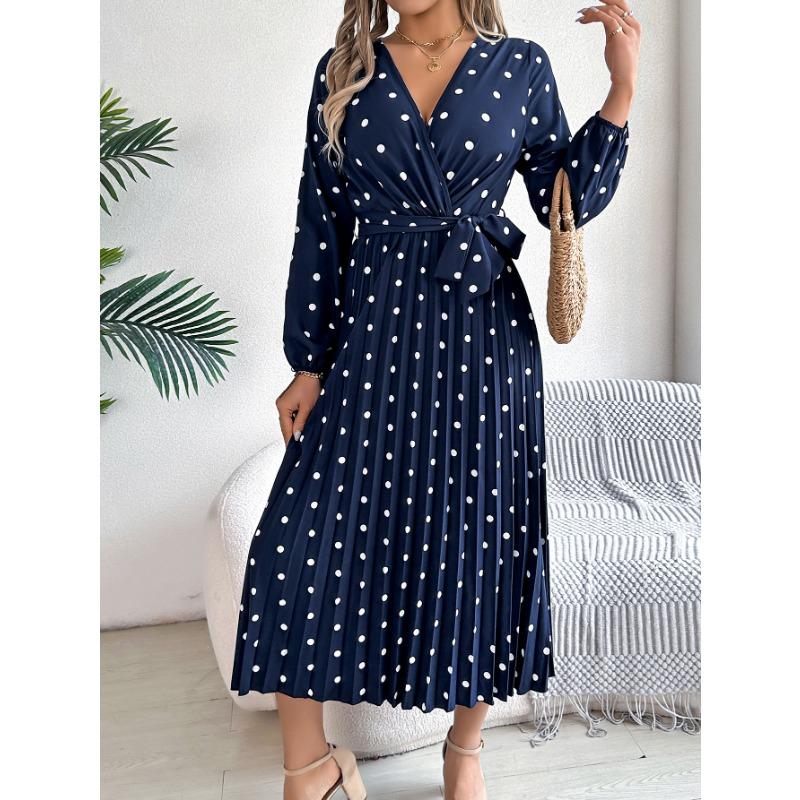 VEZFAA Women's Fashion Spring Fall Polka Dot Print Long Sleeve V-Neck High Waist Casual Dresses