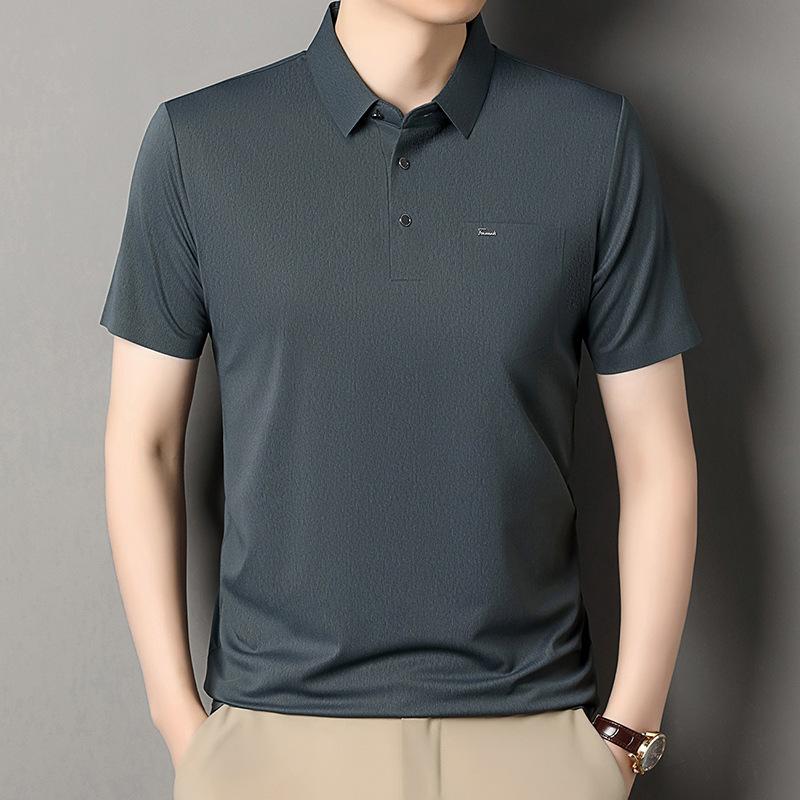 Ice Silk Short-Sleeved T-Shirt Men'S Lapel Summer Polo Shirt Half-Sleeved Loose And Thin Casual Breathable Pocket