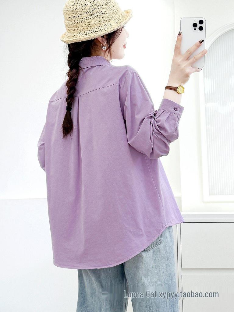 Women's Candy Color Long Sleeve Cotton Shirt - Minimalist, Versatile, and Slimming Design
