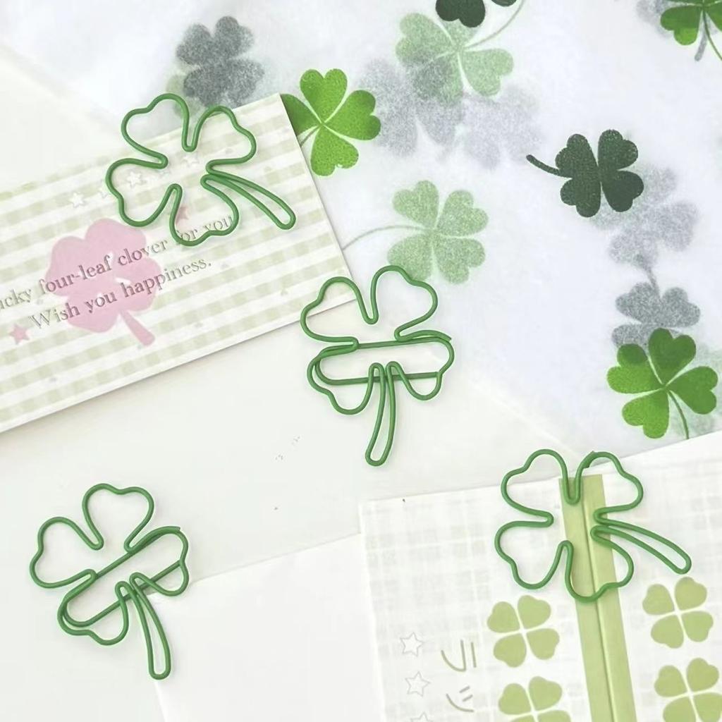 10Pcs Cute Green Four-leaf Clover Paperclips Lovely Girl Scrapbook Decor Binder Clip Office Document Bill Binding Supplies