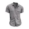 Men S American Casual Loose Short Sleeve Linen Work Shirt With Double Pockets