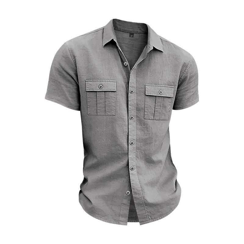 Men S American Casual Loose Short Sleeve Linen Work Shirt With Double Pockets