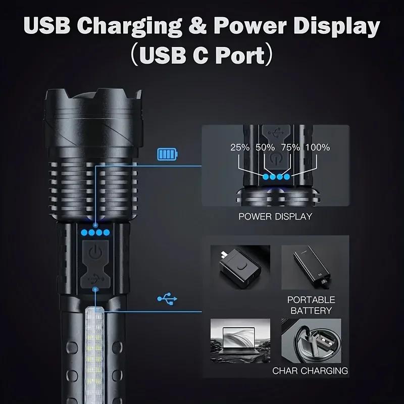 High Power LED Flashlight Powerful TYPE-C Rechargeable Zoom Flashlight with COB Side Light Torch for Outdoor Camping Hiking