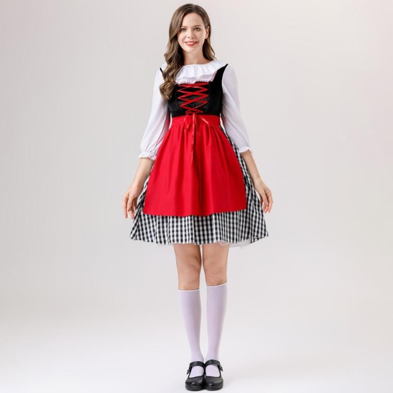 Halloween Little Red Riding Hood Cosplay Costume Grimm's Fairy Tale Crew Neck Apron Cloak Girl