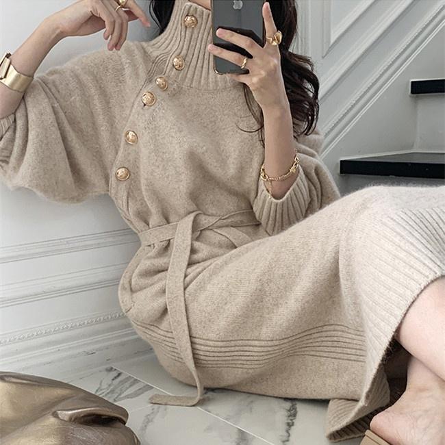Autunno e inverno dolcevita vintage con bottoni chic gonna maglione a due pezzi Abito in maglia con lacci in vita di qualità.