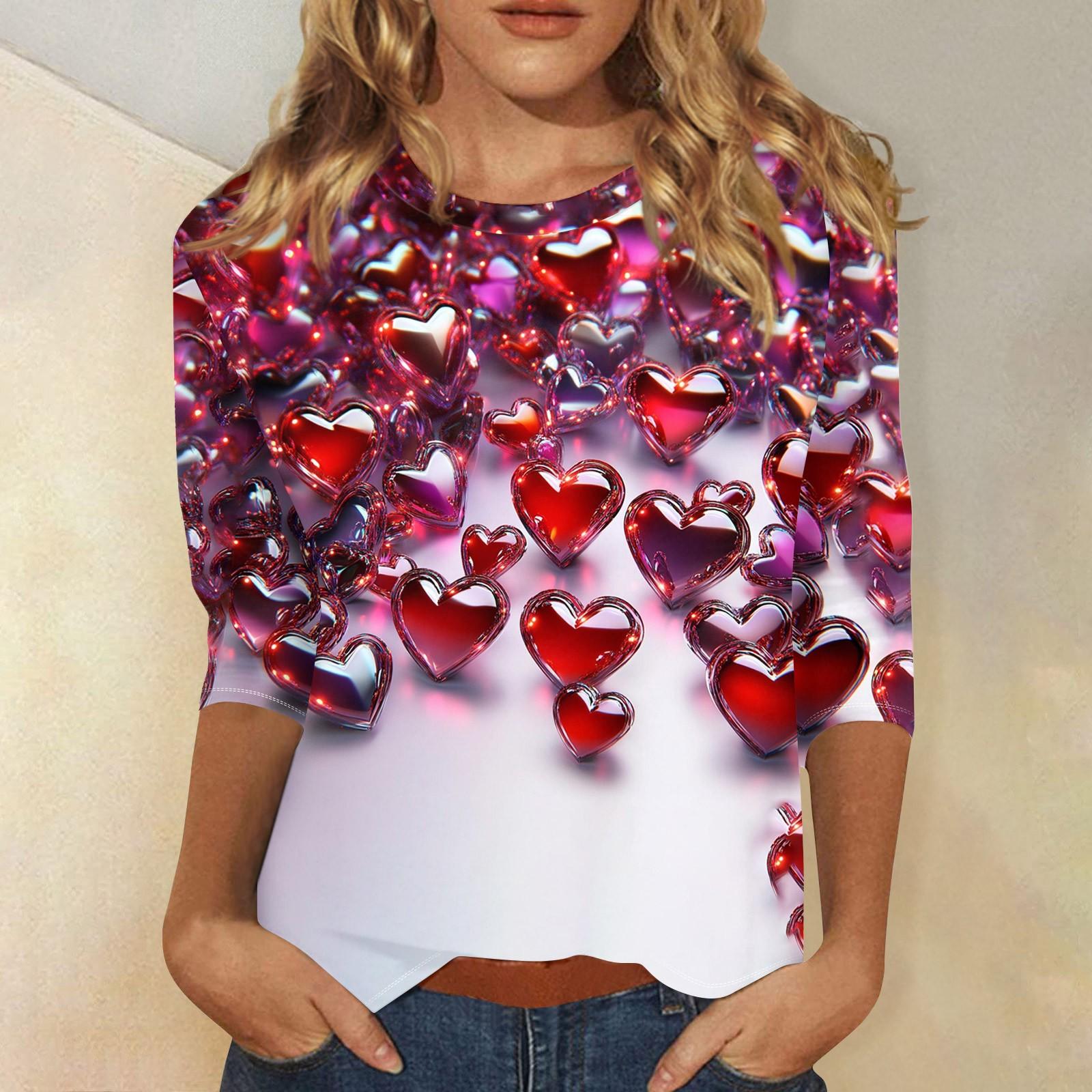 

Женская повседневная свободная футболка с круглым вырезом и принтом ко Дню святого Валентина с рукавами три четверти L горячий розовый