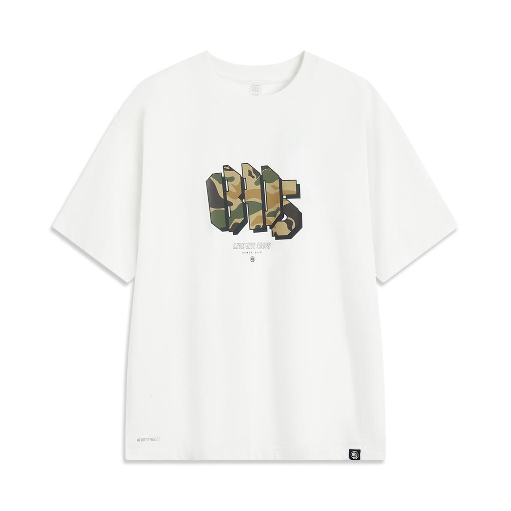 Li Ning Basketbalová série Písmeno Kulatý výstřih Prodyšné Všestranné Volné Tričko s krátkým rukávem Pánské Topy Off-White AHSV021-2