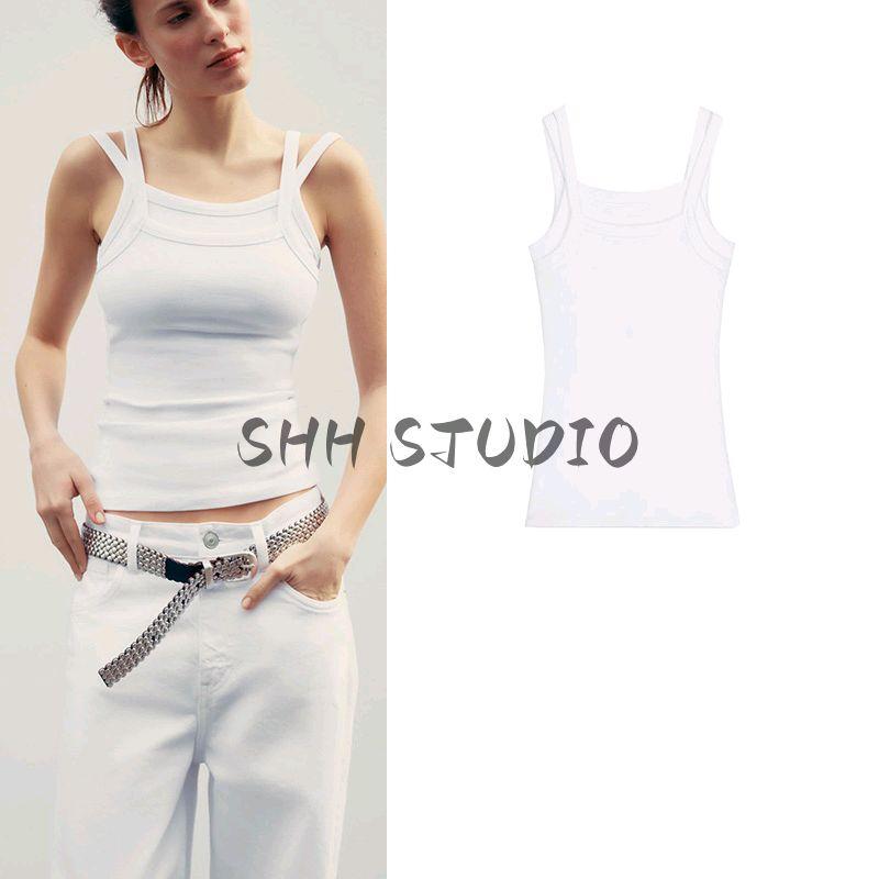Spring and Summer New Women's Clothing Minimalist Easiest for Match Cotton Blended Sling Double-Layer round Neck Shoulder Strap T-shirt Tops 4174336
