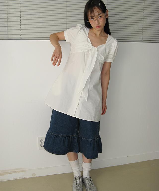 Ronron Ribbon Bow Half Sleeve Dress White