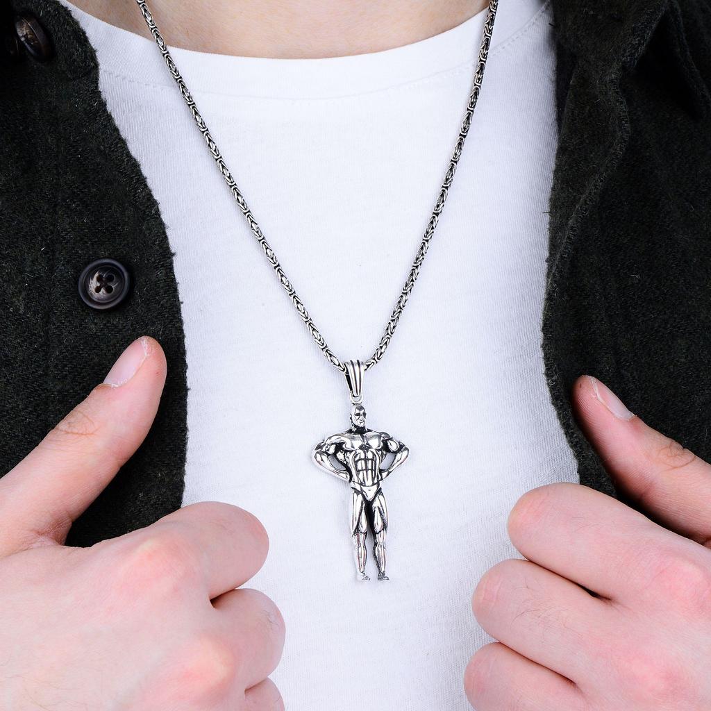 Męski srebrny naszyjnik kulturysta, solidny bizantyjski łańcuszek, wyjątkowa biżuteria fitness, prezent dla entuzjasty siłowni