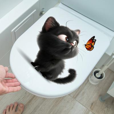 Yousheng Schwarze Katze Schmetterling Toilettenaufkleber Wasserdicht Abnehmbar Selbstklebend PVC Wohnzimmer Badezimmer Wandkunst Cartoon Kätzchen Toilettensitzdeckel