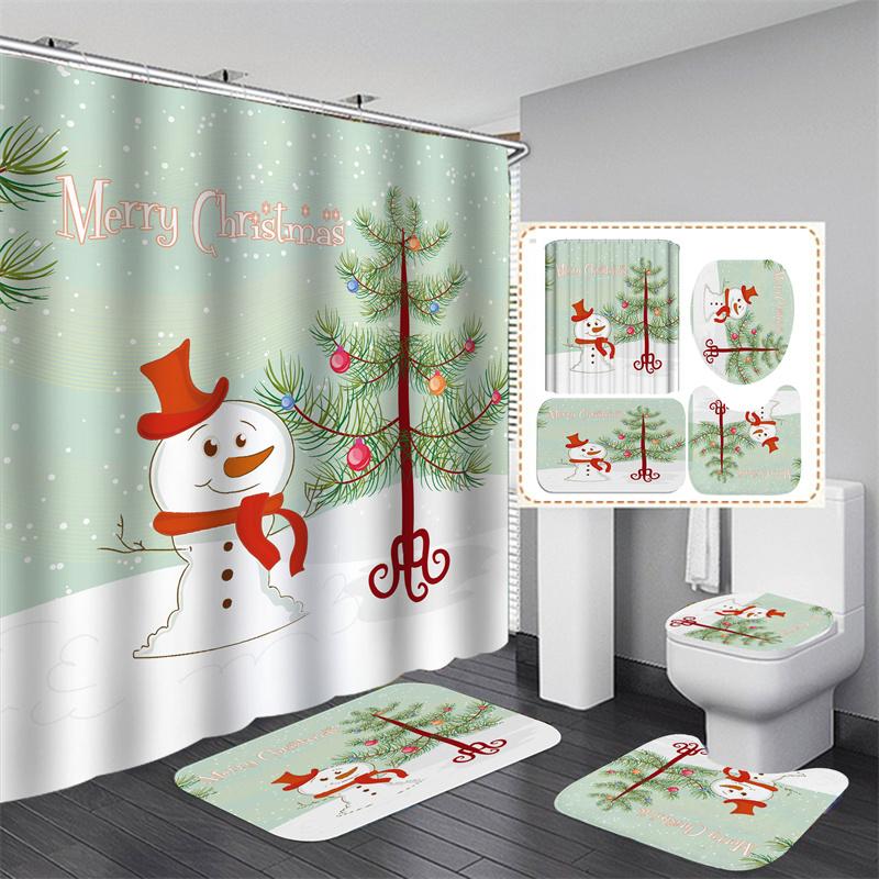 Santa Vánoční sada sprchových závěsů Vanová předložka Protiskluzový koberec Koupelnová přepážka Vodotěsná Domácí dekorace Cortinas Para Ba ñO