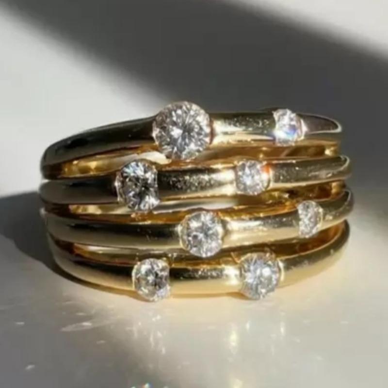 Classic Inlaid White CZ Women's Ring Vintage Gold Color Geometry Daily Wear Party Jewelry Anniversary Gift