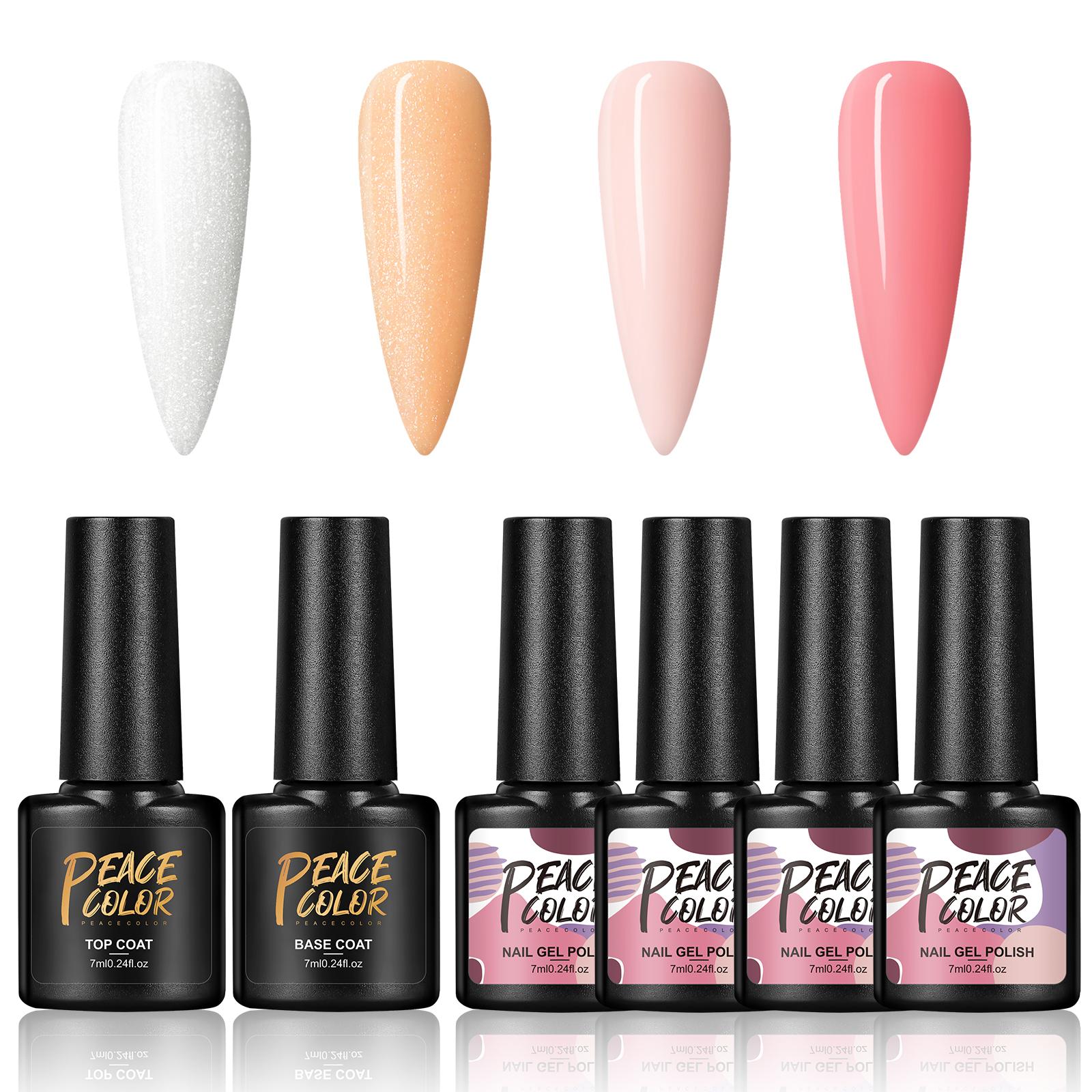 

PEACECOLOR 7 мл 4 цвета гелей для ногтей Soak Off Gel с верхним слоем и базовым покрытием Набор гелей для ногтей для дизайна маникюра