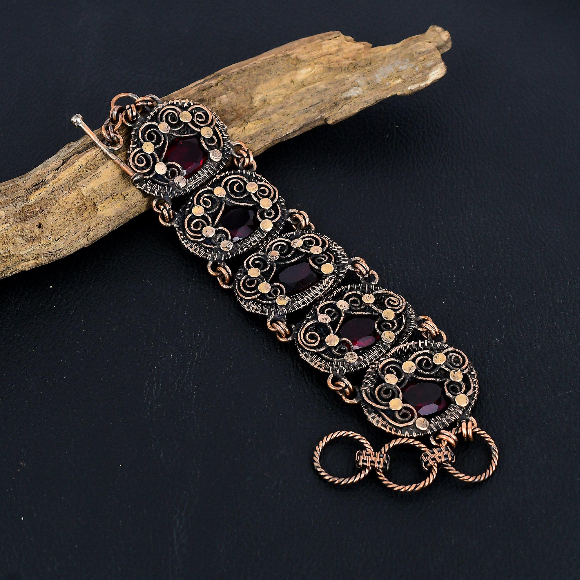 

Гранатовый браслет-манжета, обмотанный медной проволокой 999 пробы, регулируемый браслет-манжета, ювелирное изделие с драгоценным камнем, подарок для мамы, новые ювелирные изделия ручной работы 8 Inches