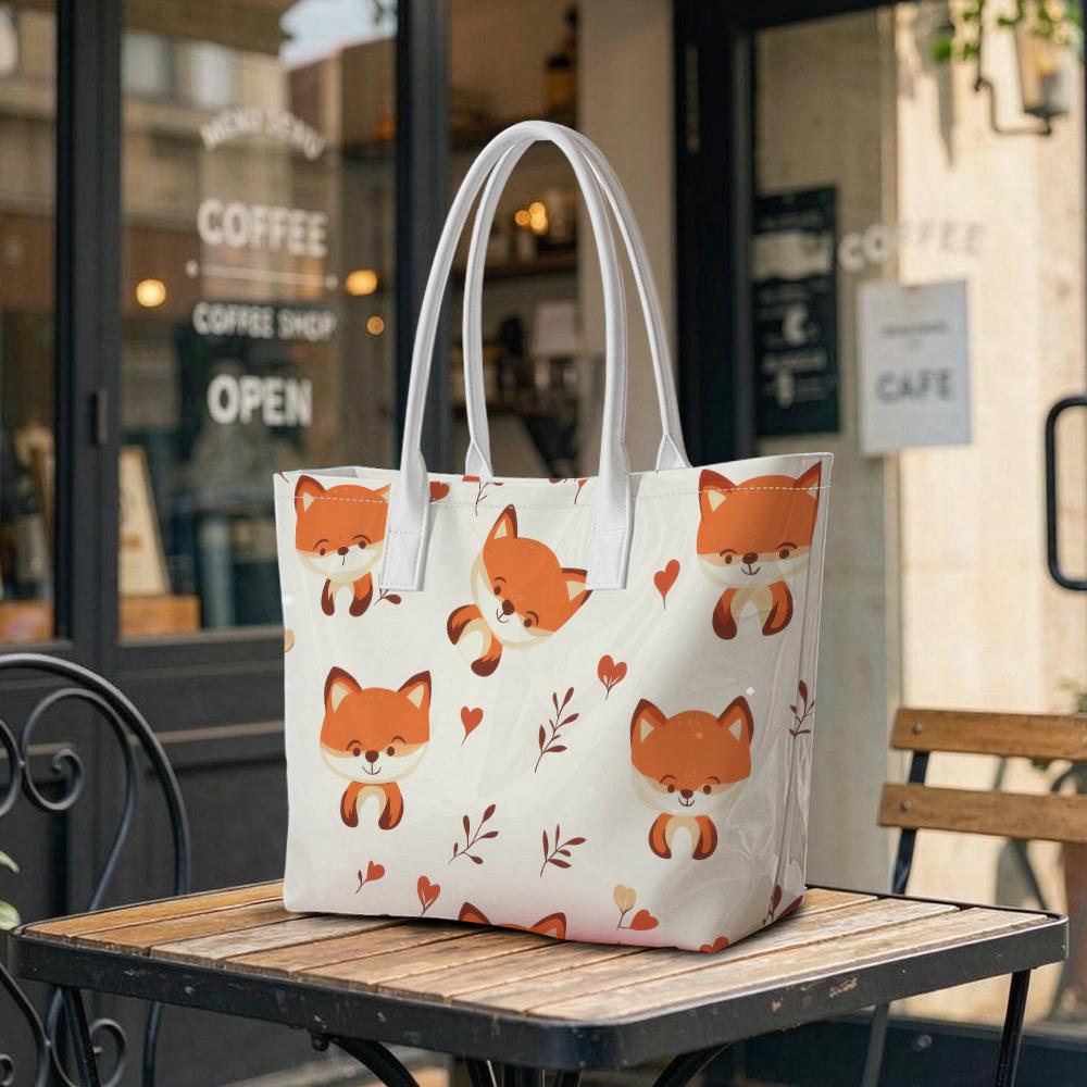 Cute Fox Pattern Tote Bag Casual Portable Daily Use Shoulder Bag Women Fashion Shopping Handbag