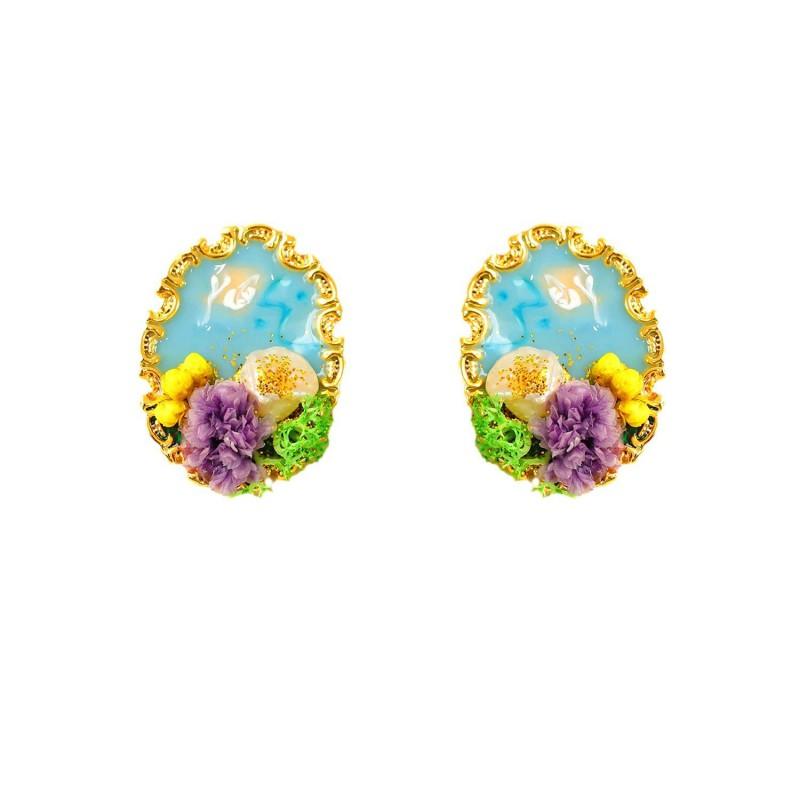 Handmade Baroque Pearl Earrings With Impressionist Garden Design Post Copper Base Matte Gold Green Finish