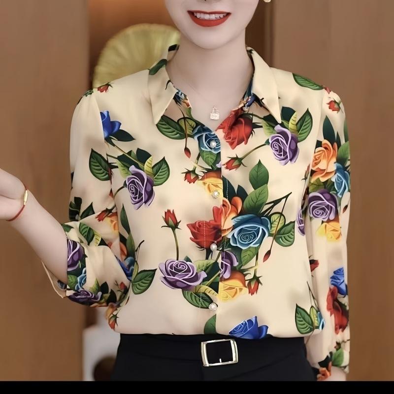 Shirt summer new printed shirt mother temperament fashion shirt loose and thin foreign seven-point shirt top