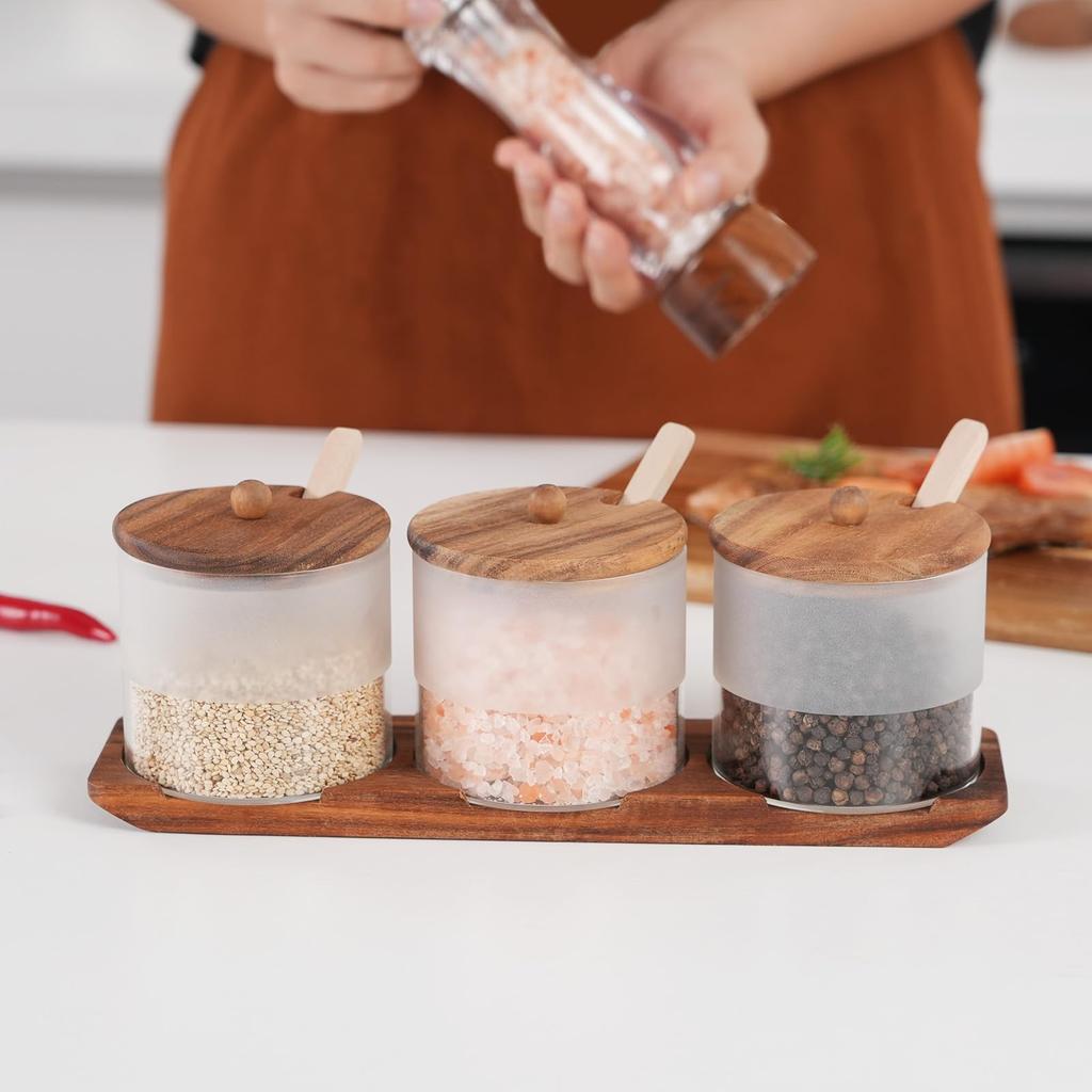 KKC Glass Condiment Storage Container with Wooden Stand and Storage Airtight Spice Storage Spoon, Container, Container, Sugar, Salt,