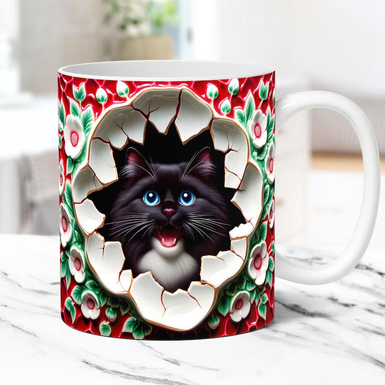 3D Kitten Cat Hole In Wall Ceramic Coffee Mug Tea Mug Gift Mug