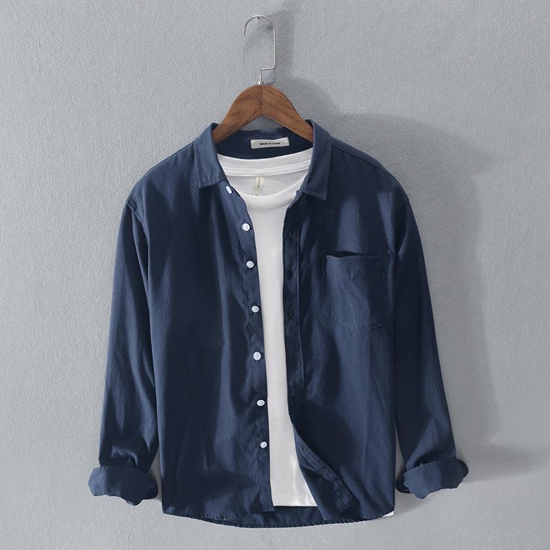 Camicia Casual da Uomo in Misto Lino a Manica Lunga con Colletto Button-Down e Tasca