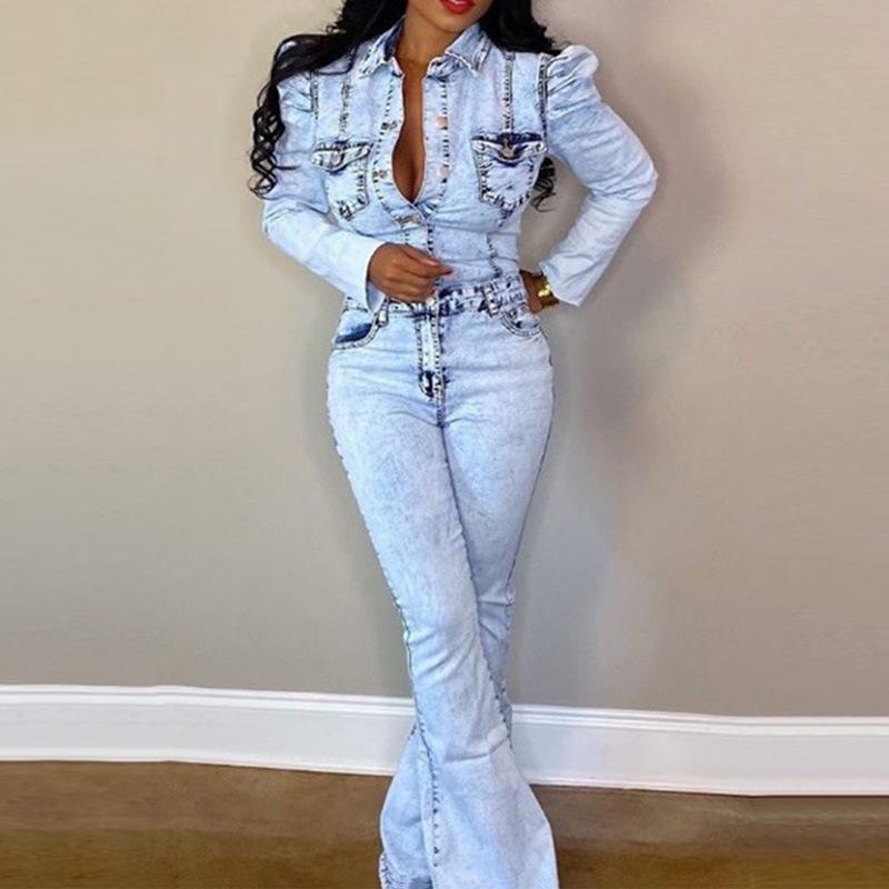 Damen Übergröße Slim Fit Denim Waschung Casual Jumpsuit