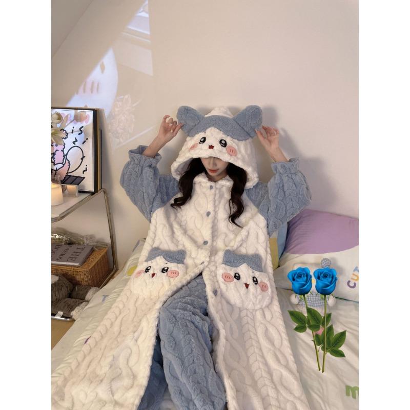 Outono e Inverno Novo Pijama Fofo com Capuz Castorzinho Veludo Coral Pijama de Inverno Feminino Conjunto de Pijama Feminino