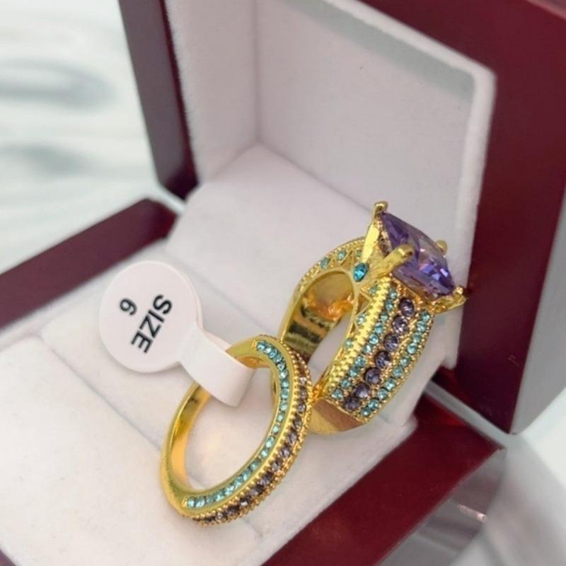 

Elegant Purple Cubic Zirconia Ring Set for Women Gold Plated Princess Cut Statement Zircon Perfect Bridal or Anniversary Gift 8