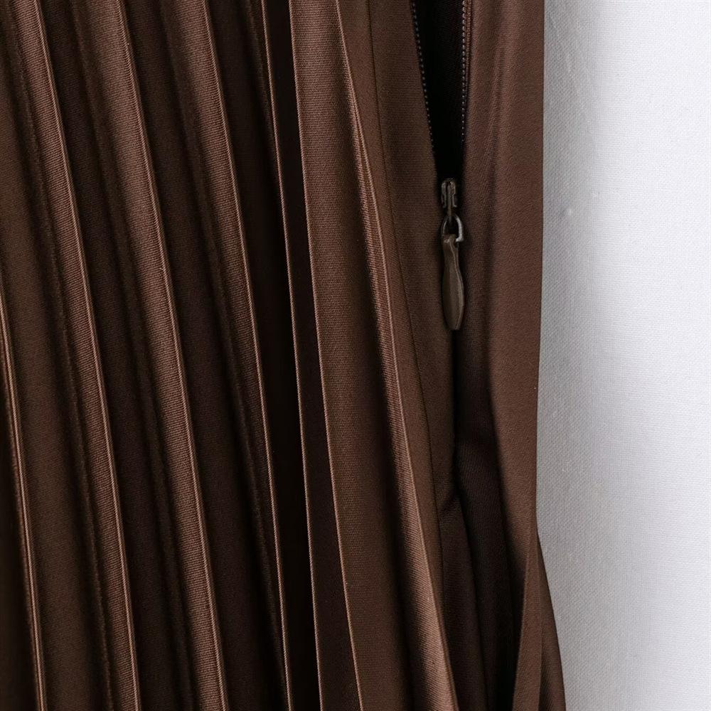 Spring 2025 Women's Slimming High-Waisted Silk Satin Pleated Midi Skirt
