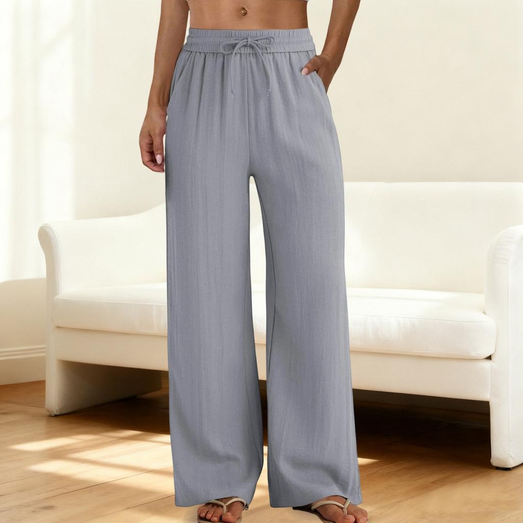 Wide Leg Pants for Women Flowy  Drawstring Elastic Waist Trousers with Pockets Summer Beach Vacation Clothes