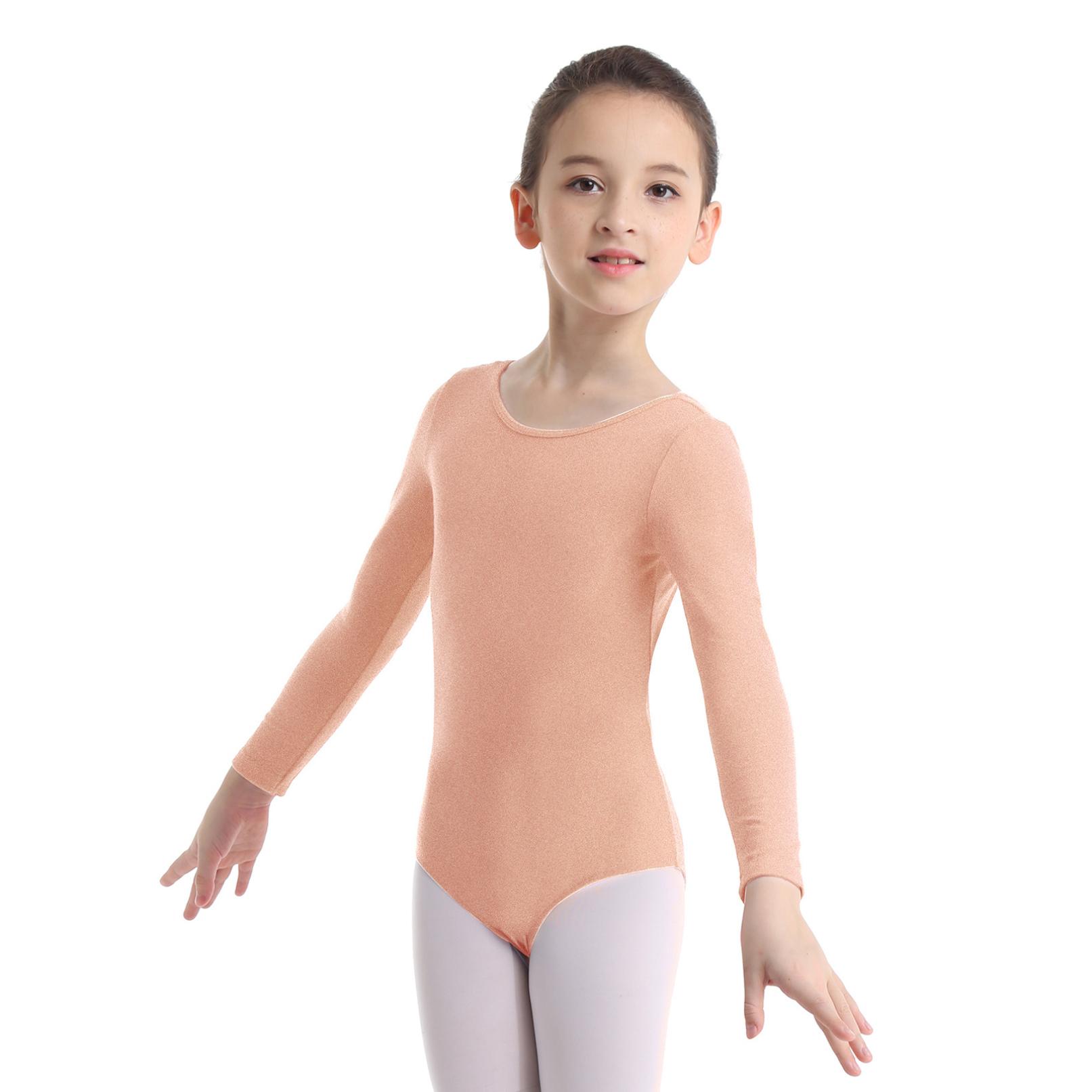Costume da ballo per bambina, ginnastica, balletto, maniche lunghe albicocca