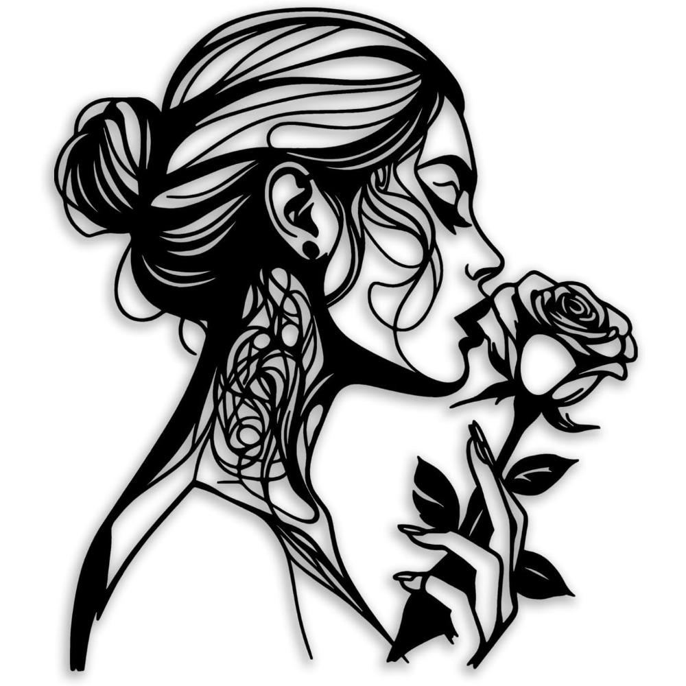 Woman Rose Metal Wall Art Black Farmhouse Room Decor Elegant Home Gift Living Bedroom Dining Bathroom Office