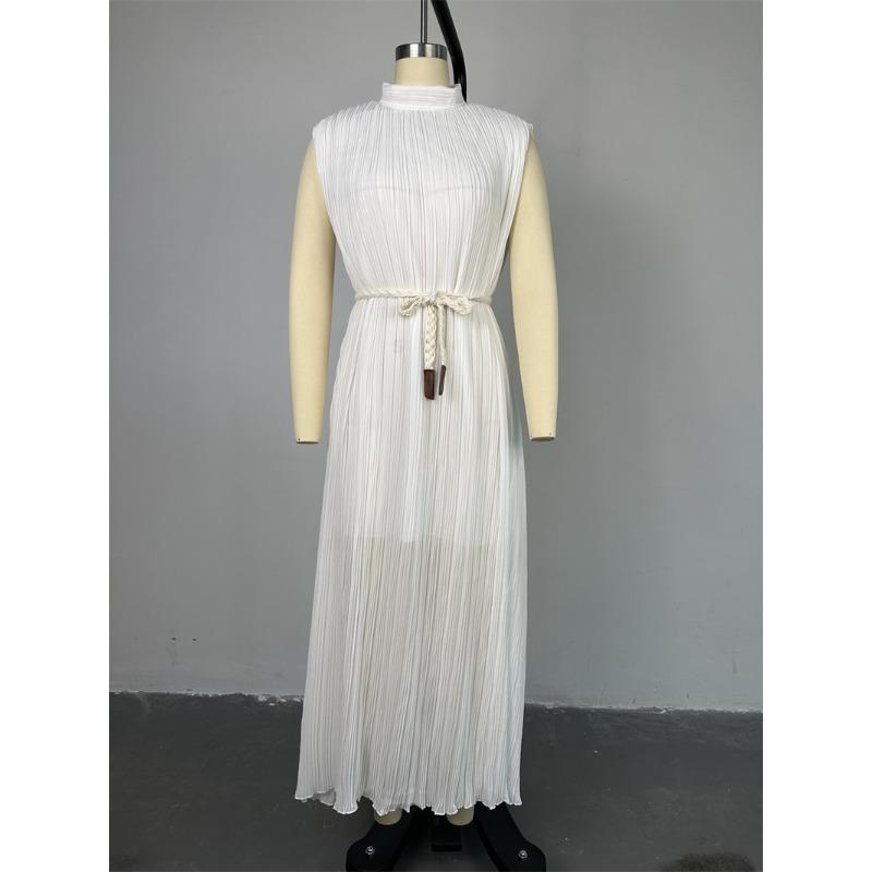 Summer Women's Simple Half High Neck Waist Tie Midi Dresses