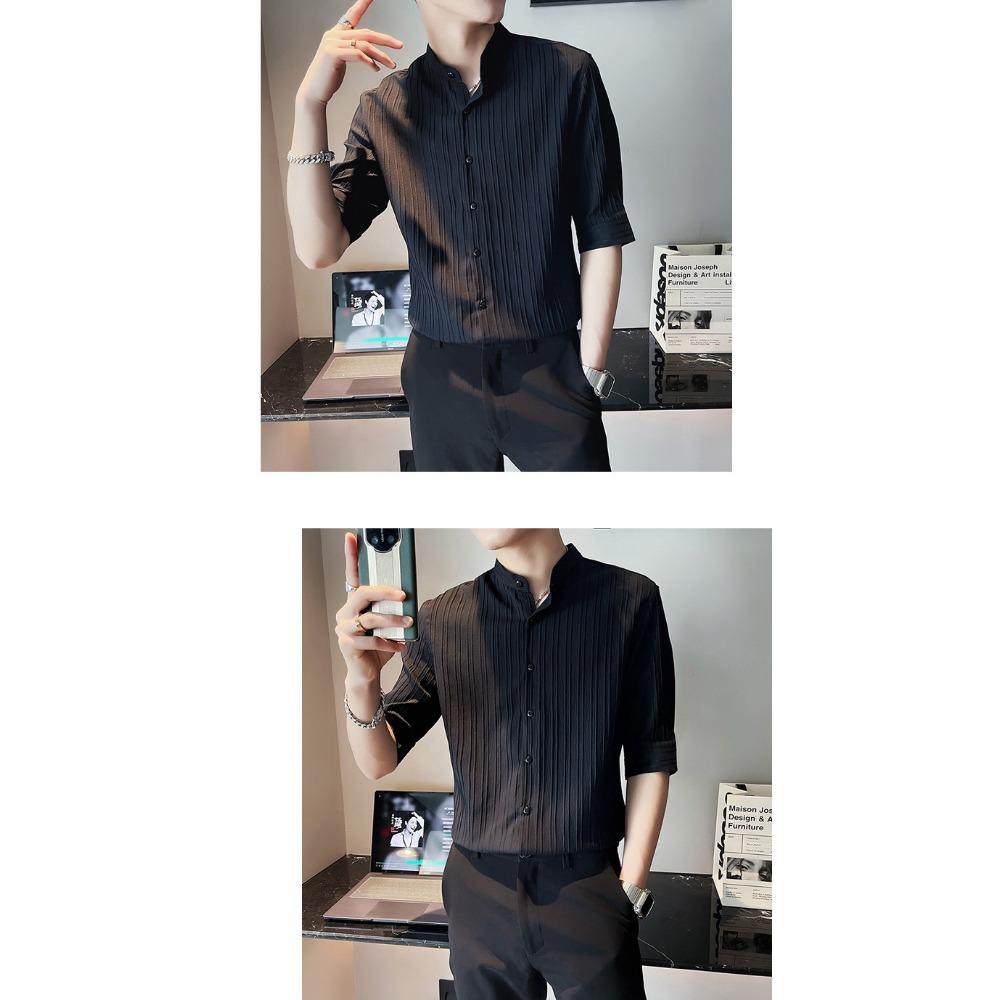 Striped Texture Seven Quarter Sleeved Men's T-shirt Summer Ice Silk Short Sleeved Shirt Men's Henry Collar Shirt